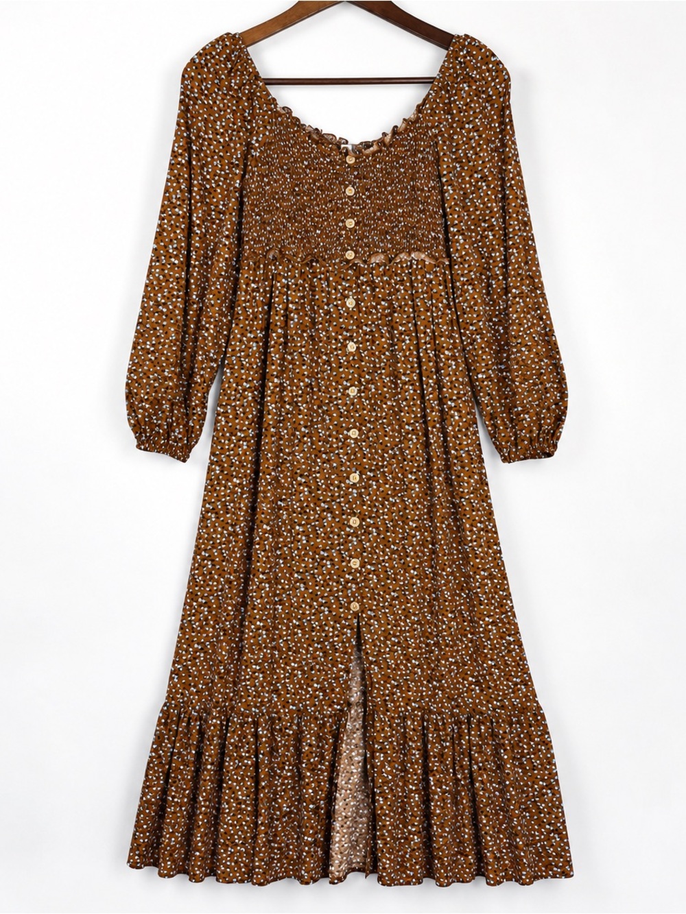 Brown Floral Smocked Prairie Maxi Dress 100% Viscose M